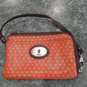 Fossil Key-Per Zip Around Wristlet 4x6 Wallet Coated Canvas Orange Yellow Dots